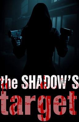 A mysterious dark figure standing ominously in the background, shrouded in shadows, with guns aimed at her