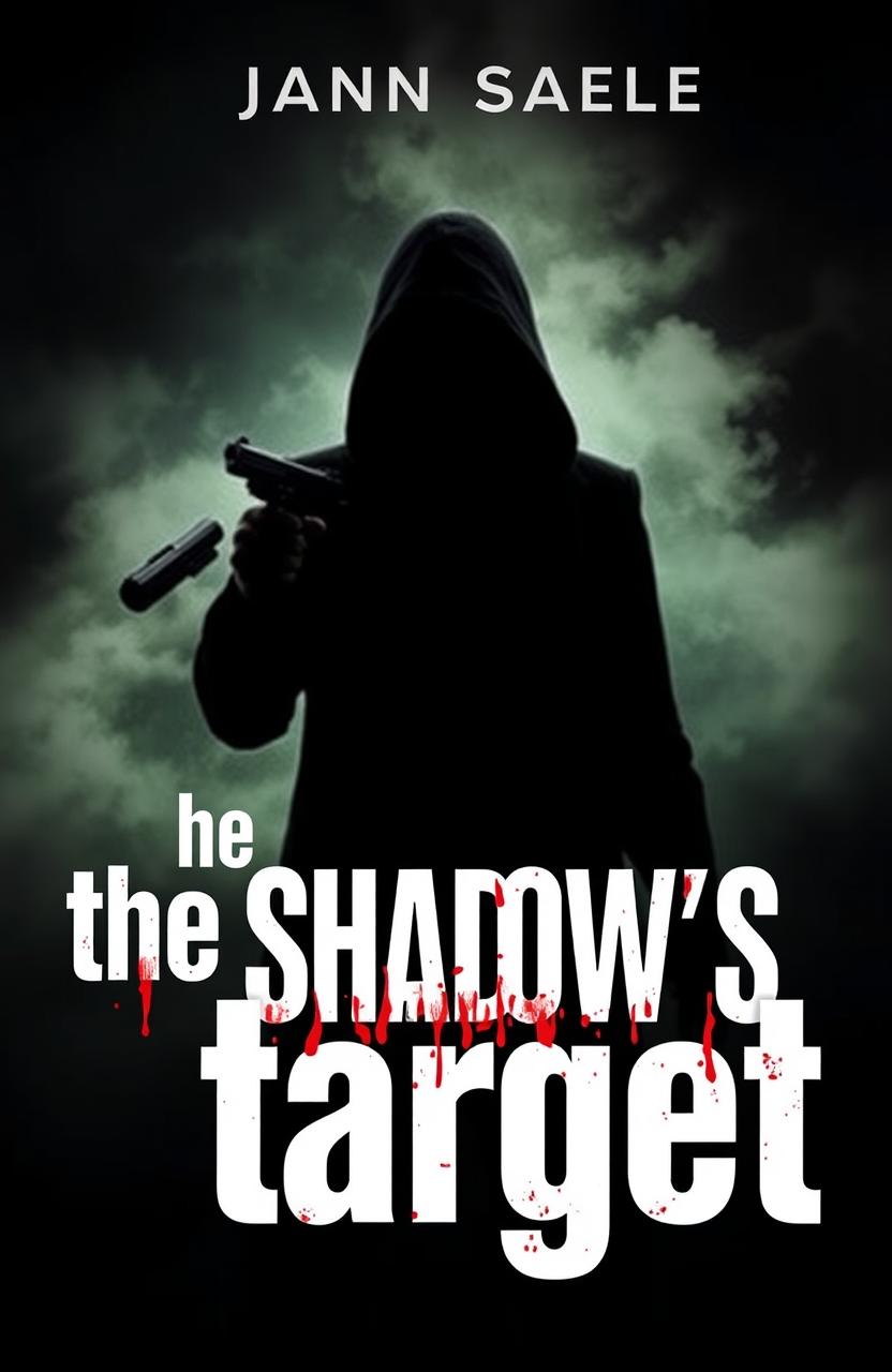 A mysterious dark figure standing ominously in the background, shrouded in shadows, with guns aimed at her