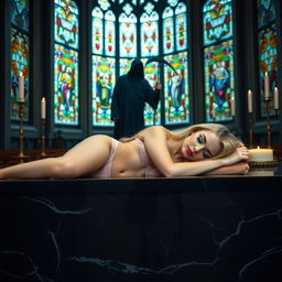 A beautiful, hot, curvy 18-year-old girl with a thin face and long blonde hair, peacefully sleeping on a large black marble altar in a serene Catholic church