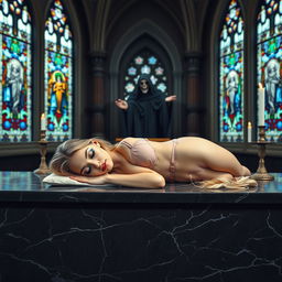 A beautiful, hot, curvy 18-year-old girl with a thin face and long blonde hair, peacefully sleeping on a large black marble altar in a serene Catholic church