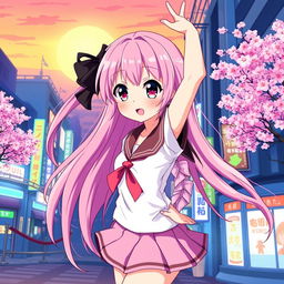 A vibrant and colorful illustration of an anime girl with long flowing pink hair and large expressive eyes