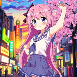 A vibrant and colorful illustration of an anime girl with long flowing pink hair and large expressive eyes