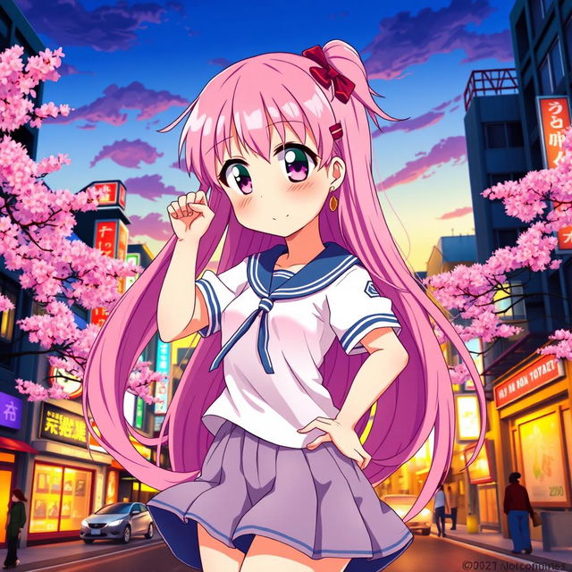 A vibrant and colorful illustration of an anime girl with long flowing pink hair and large expressive eyes