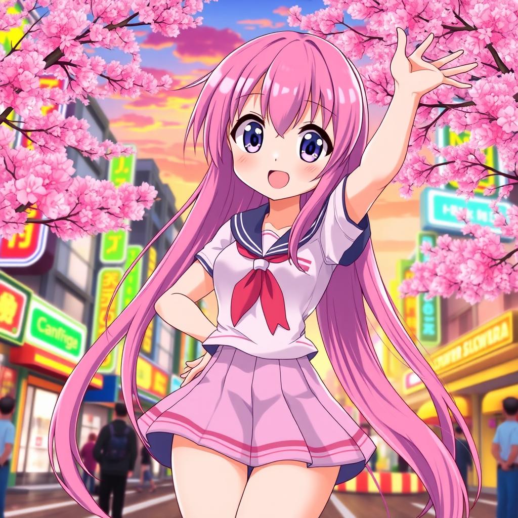 A vibrant and colorful illustration of an anime girl with long flowing pink hair and large expressive eyes