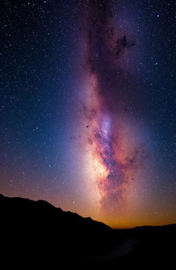 A breathtaking view of the Milky Way galaxy filled with a multitude of stars in various colors, swirling clouds of gas and dust, and vibrant nebulae lighting up the cosmic scene