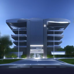 driveway and entrance of futuristic high-rise Police headquarters in broad daylight based on https://files.dreamhome.software/files/static/36926