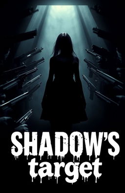 A mysterious dark girl figure stands confidently in the background, surrounded by an array of guns pointed at her from various corners of the scene