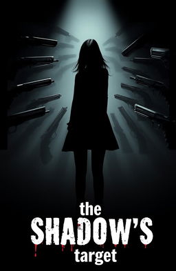 A mysterious dark girl figure stands confidently in the background, surrounded by an array of guns pointed at her from various corners of the scene