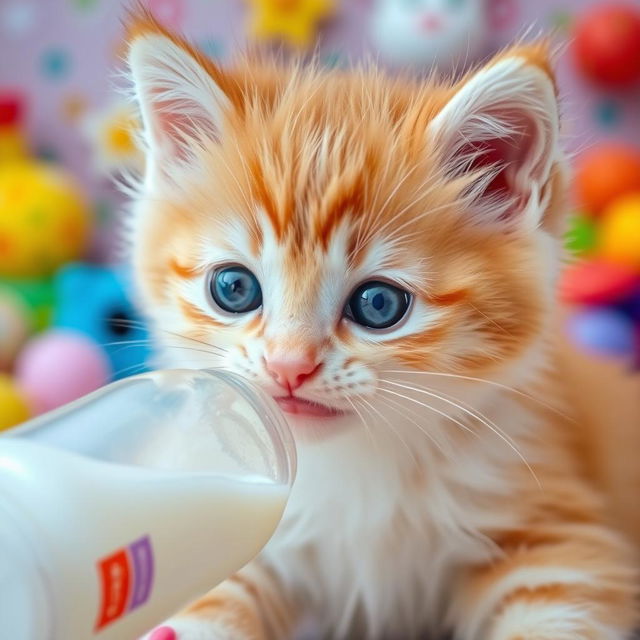 A close-up of an adorable, fluffy kitten playfully sucking on a milk bottle, with its big, innocent eyes sparkling with curiosity