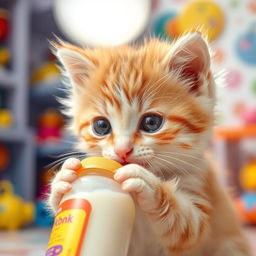 A close-up of an adorable, fluffy kitten playfully sucking on a milk bottle, with its big, innocent eyes sparkling with curiosity