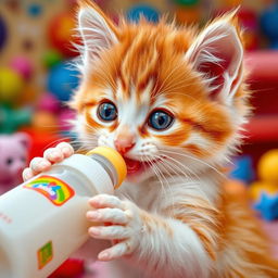 A close-up of an adorable, fluffy kitten playfully sucking on a milk bottle, with its big, innocent eyes sparkling with curiosity