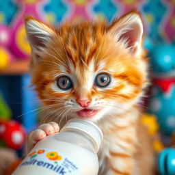 A close-up of an adorable, fluffy kitten playfully sucking on a milk bottle, with its big, innocent eyes sparkling with curiosity