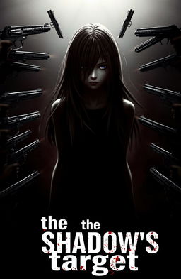A mysterious girl figure in a dark, shadowy background, surrounded by an array of guns pointed at her from various corners, creating a tense atmosphere