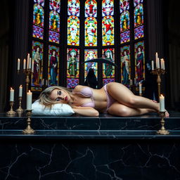 A beautiful, hot, curvy 18-year-old girl with a thin face and long blonde hair, sleeping peacefully on a large black marble altar in a serene Catholic church