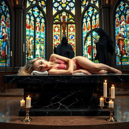 A beautiful, hot, curvy 18-year-old girl with a thin face and long blonde hair, sleeping peacefully on a large black marble altar in a serene Catholic church