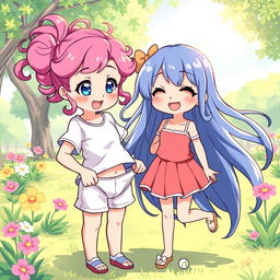 A lighthearted and playful illustration featuring a cute anime girl in a whimsical park setting, pulling down another girl's underwear in a humorous and innocent way