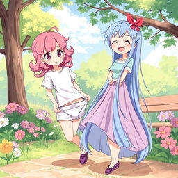 A lighthearted and playful illustration featuring a cute anime girl in a whimsical park setting, pulling down another girl's underwear in a humorous and innocent way