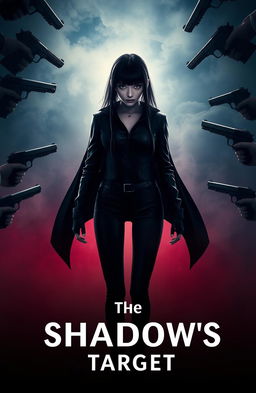 A mysterious girl dressed in full black attire, appearing enigmatic and formidable, stands surrounded by an array of guns pointed towards her from various corners of a smoky backdrop