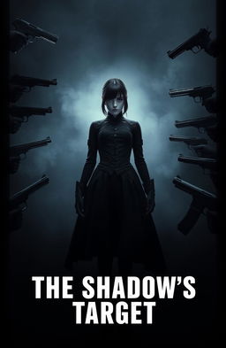 A mysterious girl dressed in full black attire, appearing enigmatic and formidable, stands surrounded by an array of guns pointed towards her from various corners of a smoky backdrop
