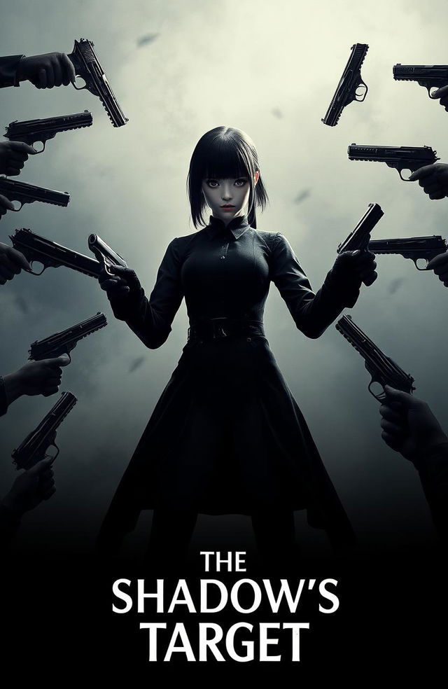 A mysterious girl dressed in full black attire, appearing enigmatic and formidable, stands surrounded by an array of guns pointed towards her from various corners of a smoky backdrop