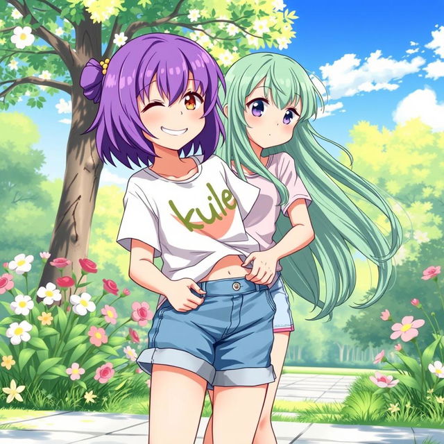 A whimsical and colorful illustration depicting a cute anime girl playfully pulling down another girl's pants in a lighthearted manner