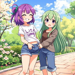 A whimsical and colorful illustration depicting a cute anime girl playfully pulling down another girl's pants in a lighthearted manner
