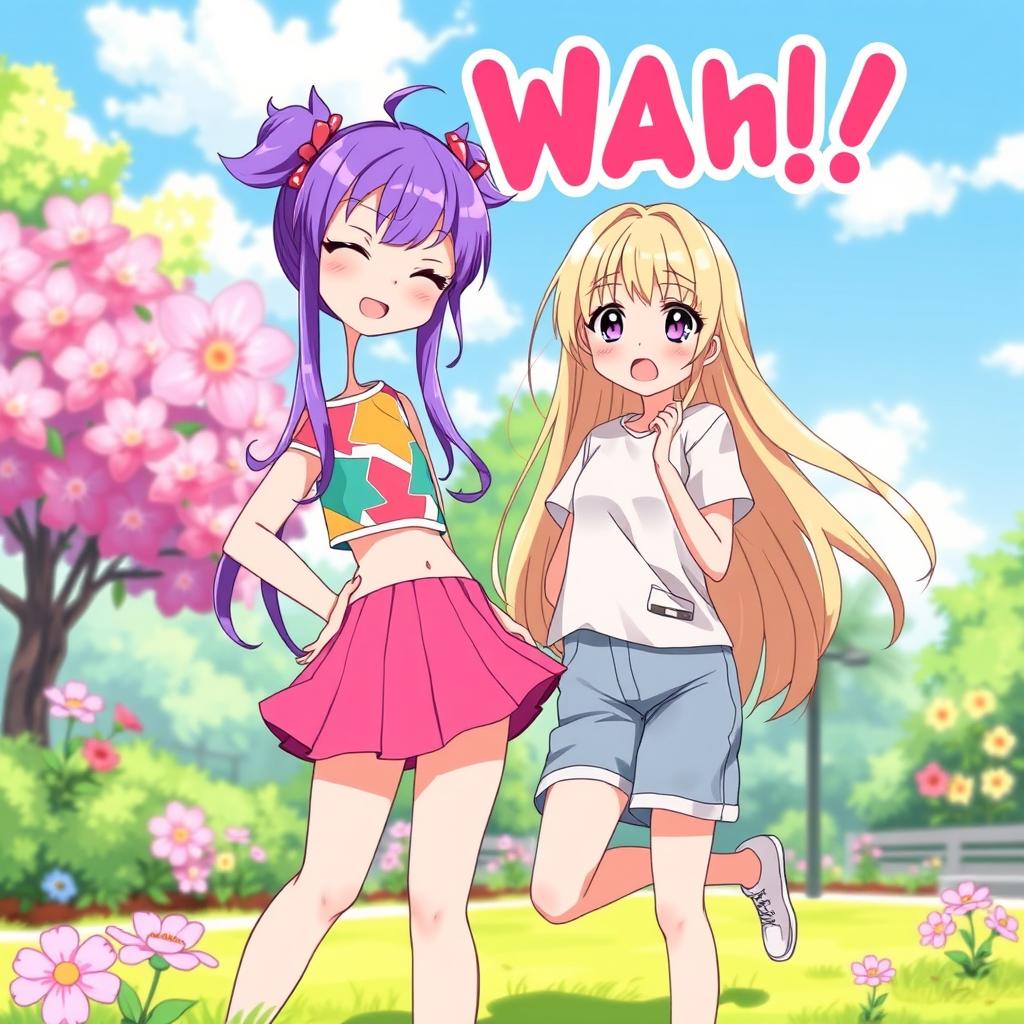 A playful and humorous illustration showcasing a cute anime girl giving another girl a wedgie in a lighthearted park setting