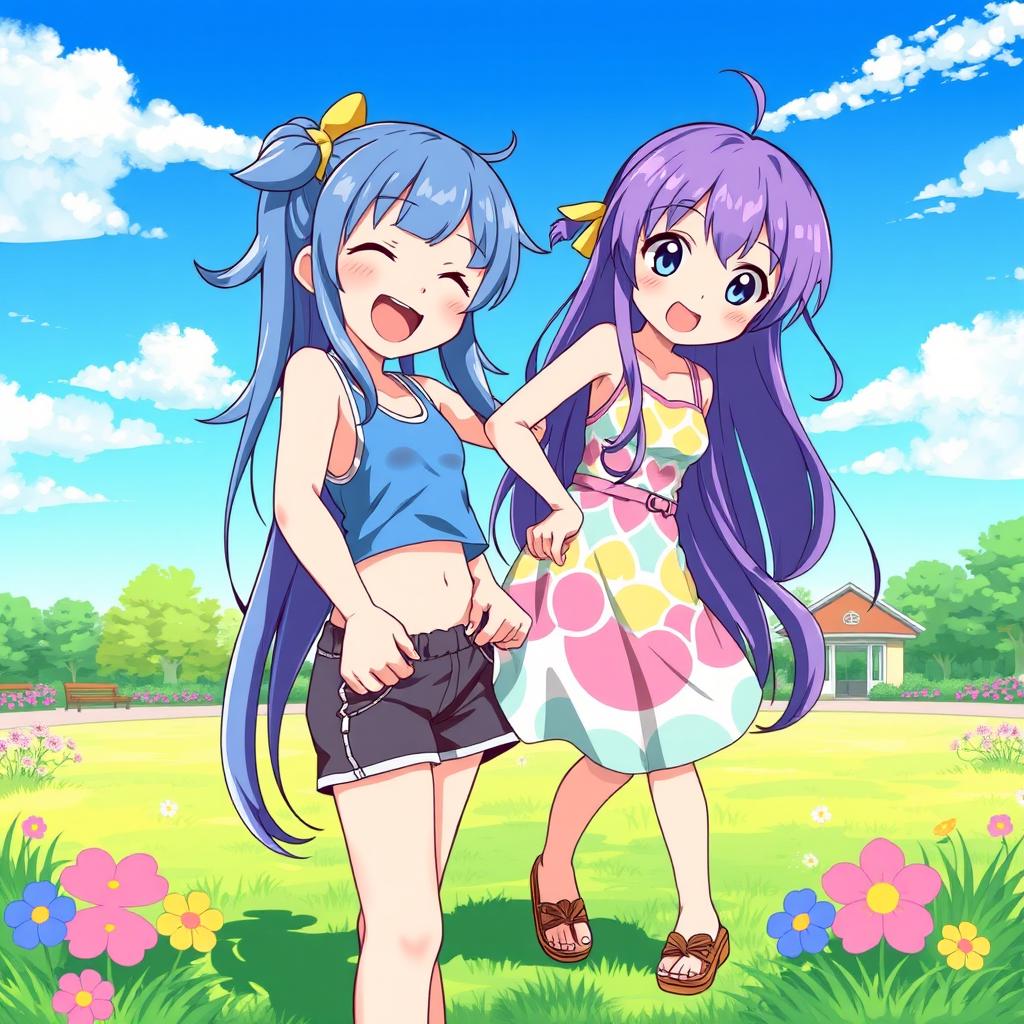 A vibrant and fun illustration featuring a cute anime girl playfully giving another girl a wedgie