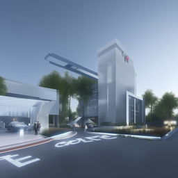 driveway and entrance of futuristic high-rise Police headquarters in broad daylight based on https://files.dreamhome.software/files/static/36926