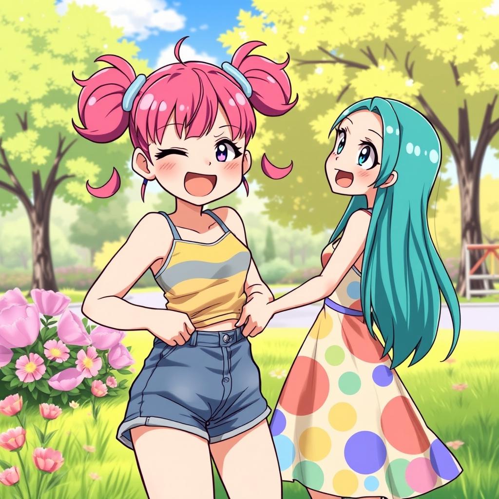 A fun and dynamic illustration featuring a cute anime girl giving another girl a wedgie in a cheerful atmosphere