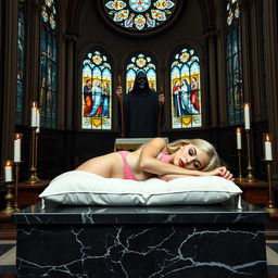 From the back of a majestic Catholic church, the scene captures a beautiful, hot, curvy 18-year-old girl with a thin face and long blonde hair, sleeping peacefully on a large black marble altar
