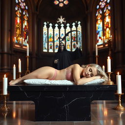From the back of a majestic Catholic church, the scene captures a beautiful, hot, curvy 18-year-old girl with a thin face and long blonde hair, sleeping peacefully on a large black marble altar