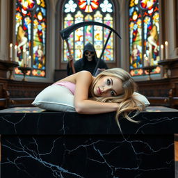 A sexy, sweet, innocent, thin-faced, beautiful, hot, curvy 18-year-old girl with long blonde hair curled up on a large black marble altar in a serene Catholic church