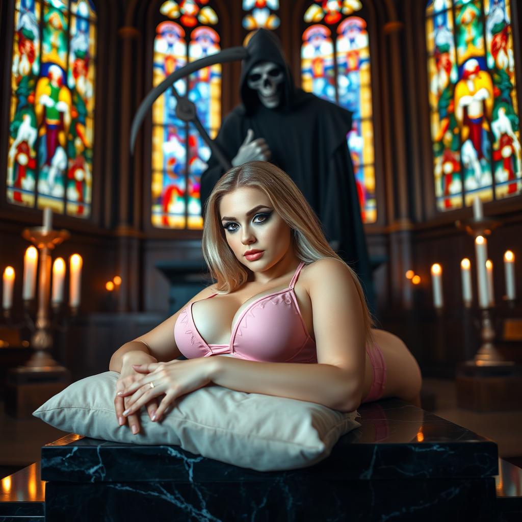 A beautiful, hot, curvy 18-year-old girl with a thin face and long blonde hair, lying in front of a large black marble altar in a serene Catholic church