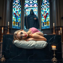 A beautiful, hot, curvy 18-year-old girl with a thin face and long blonde hair, lying in front of a large black marble altar in a serene Catholic church