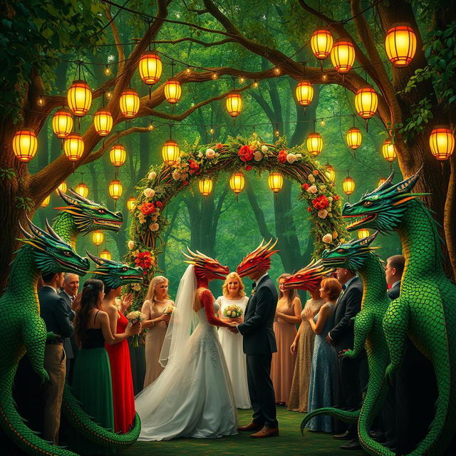 A magical fantasy wedding set in a lush green forest, beautifully adorned with strings of glowing lanterns hanging from the trees