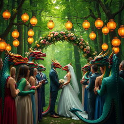 A magical fantasy wedding set in a lush green forest, beautifully adorned with strings of glowing lanterns hanging from the trees