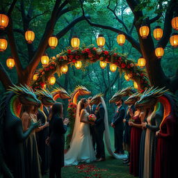 A magical fantasy wedding set in a lush green forest, beautifully adorned with strings of glowing lanterns hanging from the trees