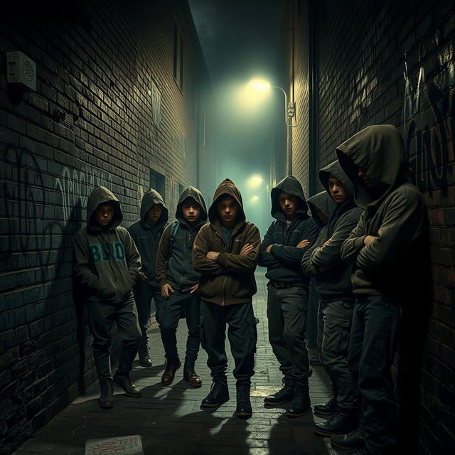 A gritty and atmospheric scene of a London alleyway at night, featuring a group of tough-looking orphans who form a gang