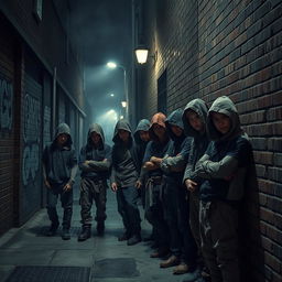 A gritty and atmospheric scene of a London alleyway at night, featuring a group of tough-looking orphans who form a gang