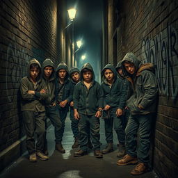 A gritty and atmospheric scene of a London alleyway at night, featuring a group of tough-looking orphans who form a gang