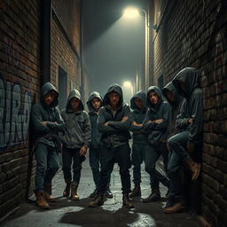 A gritty and atmospheric scene of a London alleyway at night, featuring a group of tough-looking orphans who form a gang