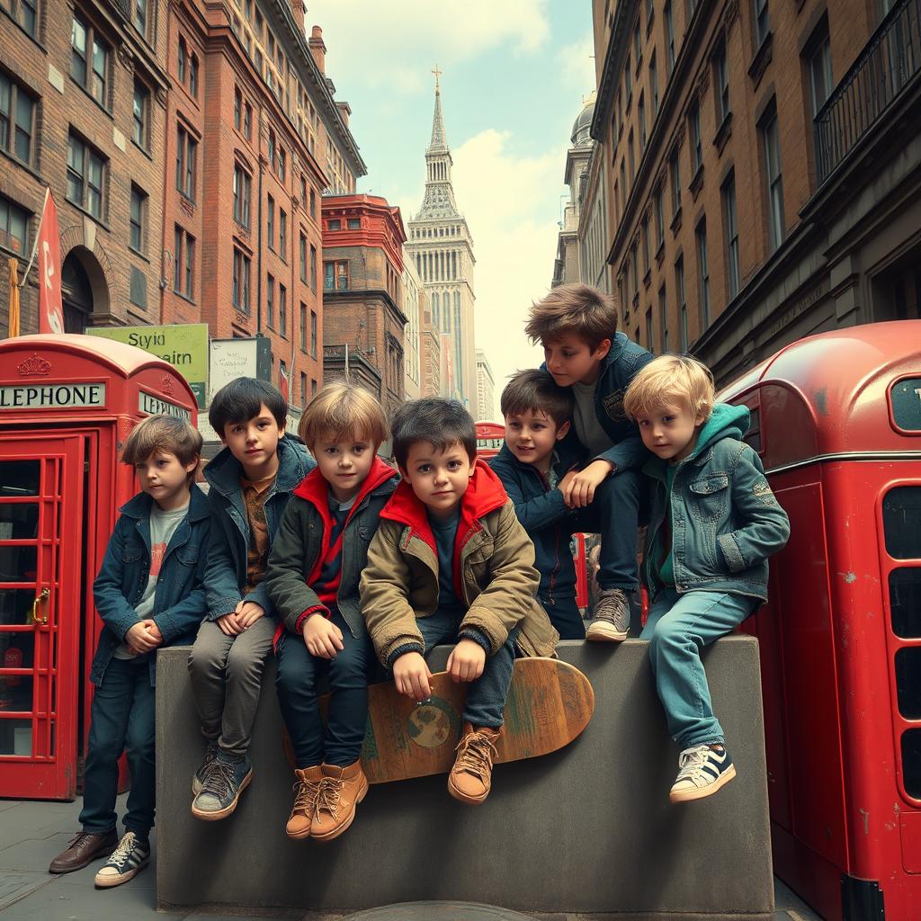 A vivid depiction of a London orphan gang in a bustling urban environment, showcasing a group of street-smart children and teenagers