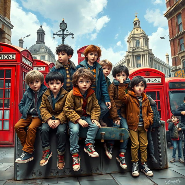 A vivid depiction of a London orphan gang in a bustling urban environment, showcasing a group of street-smart children and teenagers