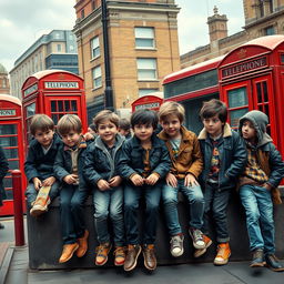 A vivid depiction of a London orphan gang in a bustling urban environment, showcasing a group of street-smart children and teenagers