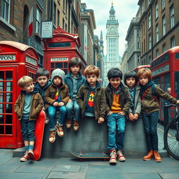 A vivid depiction of a London orphan gang in a bustling urban environment, showcasing a group of street-smart children and teenagers