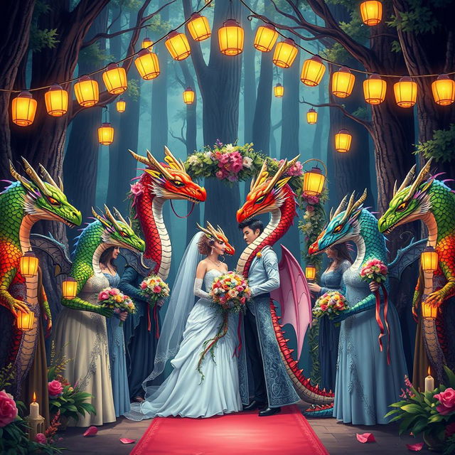 An anime-style Dungeons and Dragons fantasy wedding set in a magical forest, filled with towering trees and softly glowing strings of lanterns illuminating the scene