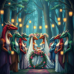 An anime-style Dungeons and Dragons fantasy wedding set in a magical forest, filled with towering trees and softly glowing strings of lanterns illuminating the scene