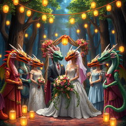 An anime-style Dungeons and Dragons fantasy wedding set in a magical forest, filled with towering trees and softly glowing strings of lanterns illuminating the scene