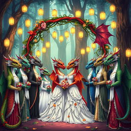 An anime-style Dungeons and Dragons fantasy wedding set in a magical forest, filled with towering trees and softly glowing strings of lanterns illuminating the scene